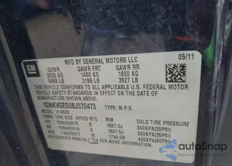 2011 Chevrolet Traverse 1Lt from USA, damaged, VIN 1GNKVGED9BJ376473